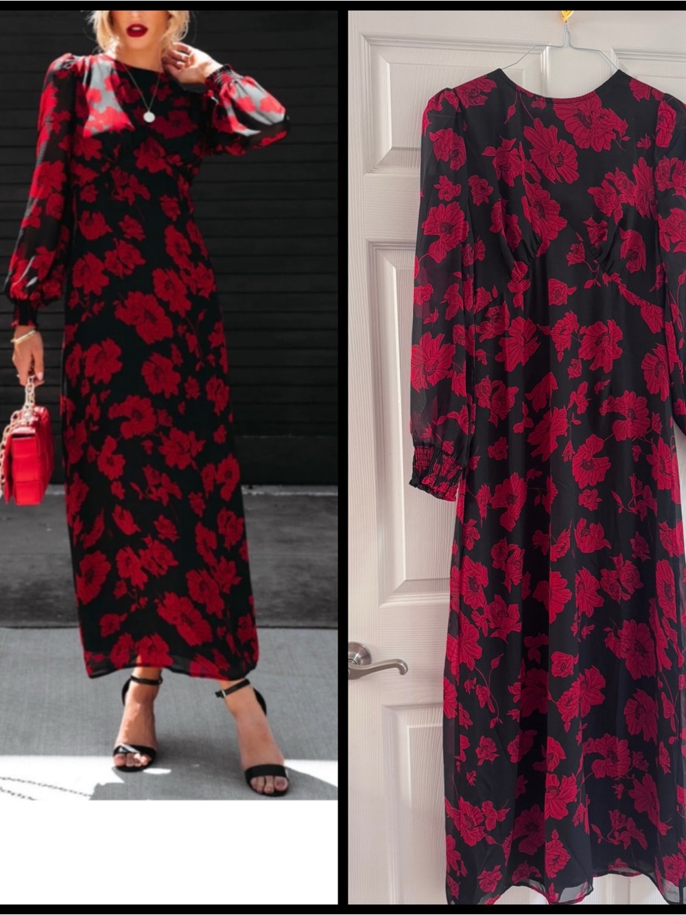 Black Maxi Dress with Red Floral Print — Long Sleeve Women's Maxi